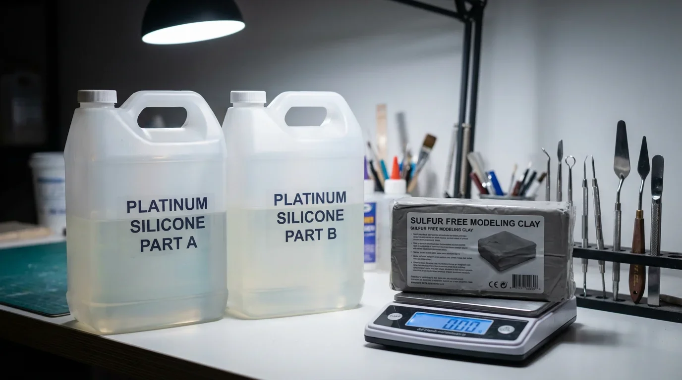 A professional workbench setup for silicone doll making. Close-up shot. Two large translucent plastic jugs labeled "Part A" and "Part B" containing liquid platinum silicone. A block of grey sulfur-free modeling clay. A digital scale and metal sculpting tools. Depth of field